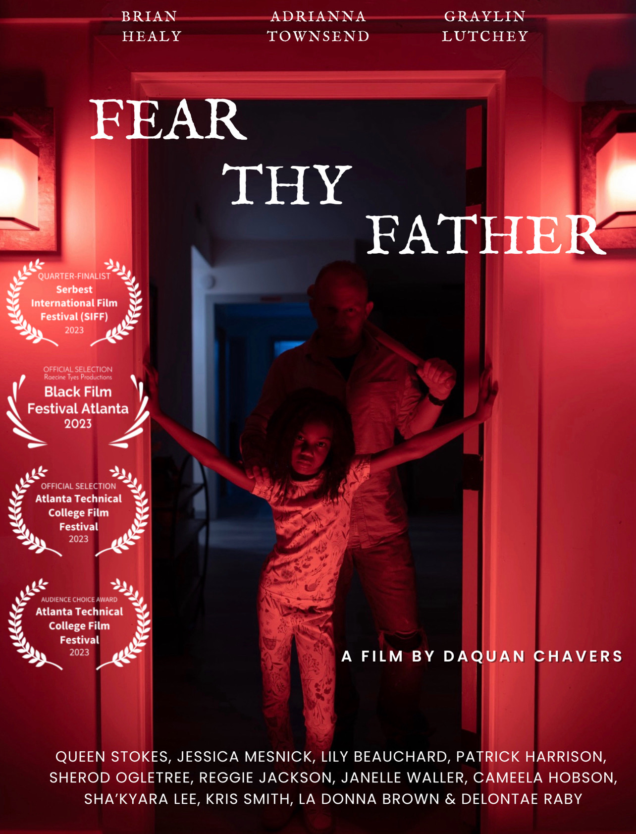 Red lit poster: a young girl stands in a doorway in front of an adult man. Four festival laurels run down the left side.
